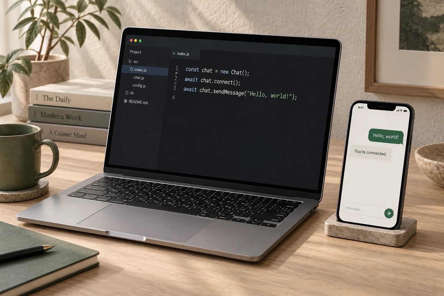 コードとチャット画面を表示したノートPCとスマートフォンのイメージ