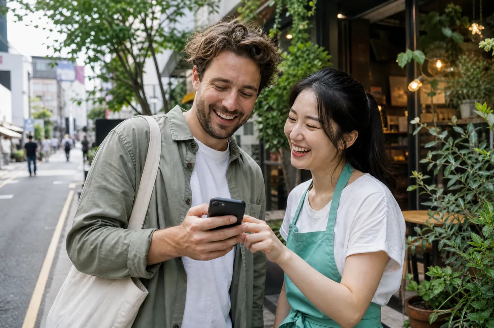 カフェの前でスマートフォンの会話を一緒に見て笑う旅行者と店主
