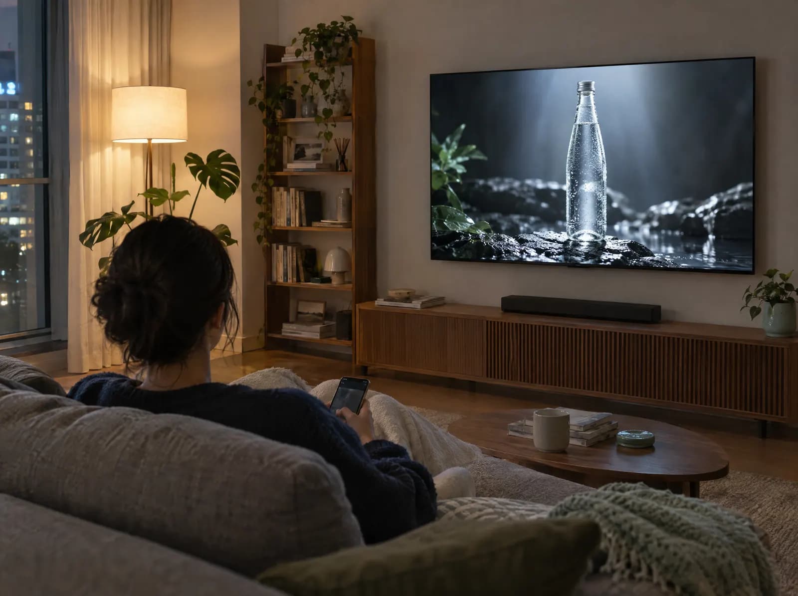 リビングのテレビで放送中に広告が流れている様子