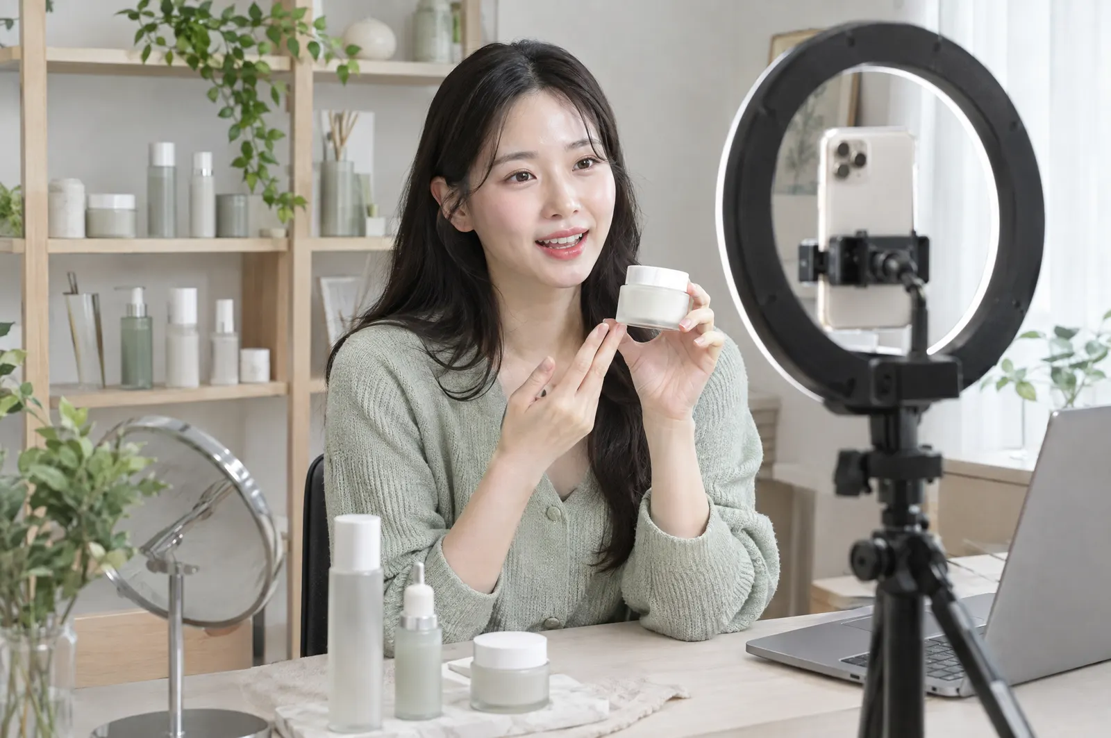 スマートフォンのカメラの前で化粧品を紹介するライブコマースのホスト