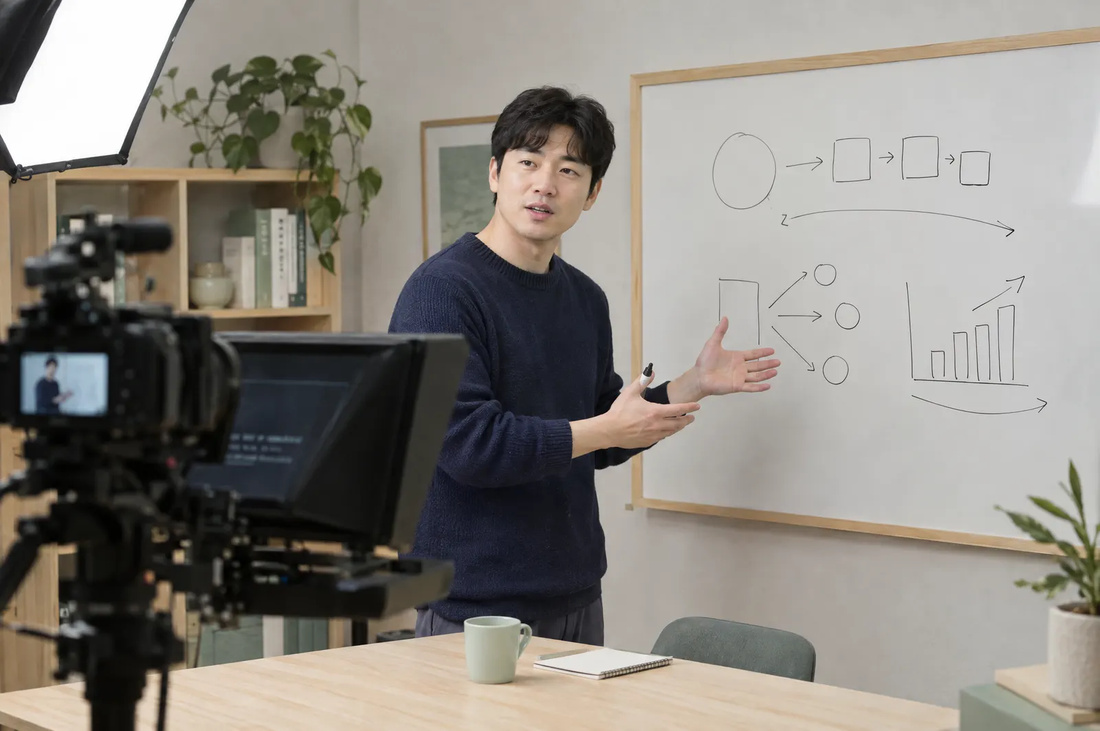 ホワイトボードの前でカメラに向かって講義する講師