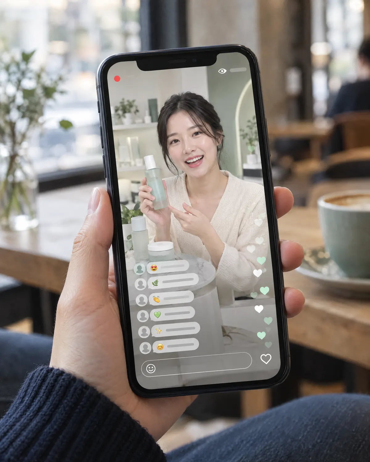 スマートフォンでライブショッピング配信とチャットを見ている様子