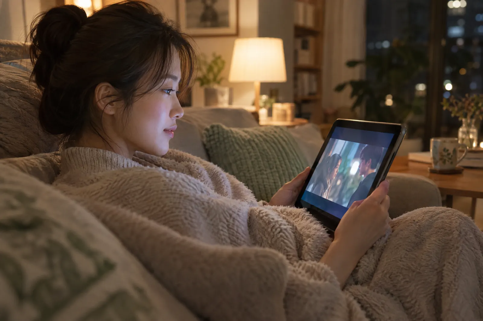 ソファでタブレットを使ってアーカイブ映像を見る人